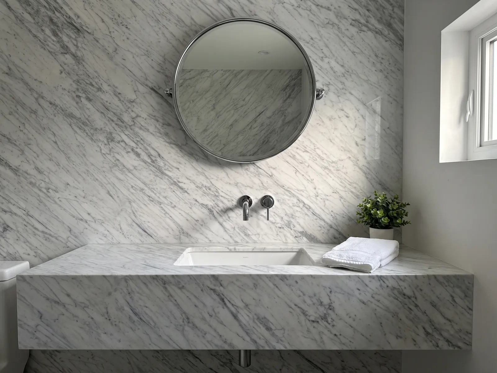 Bathroom vanity top and wall in white Carrara marble: grayish white with a fine, diffuse gray pattern spread across the whole surface