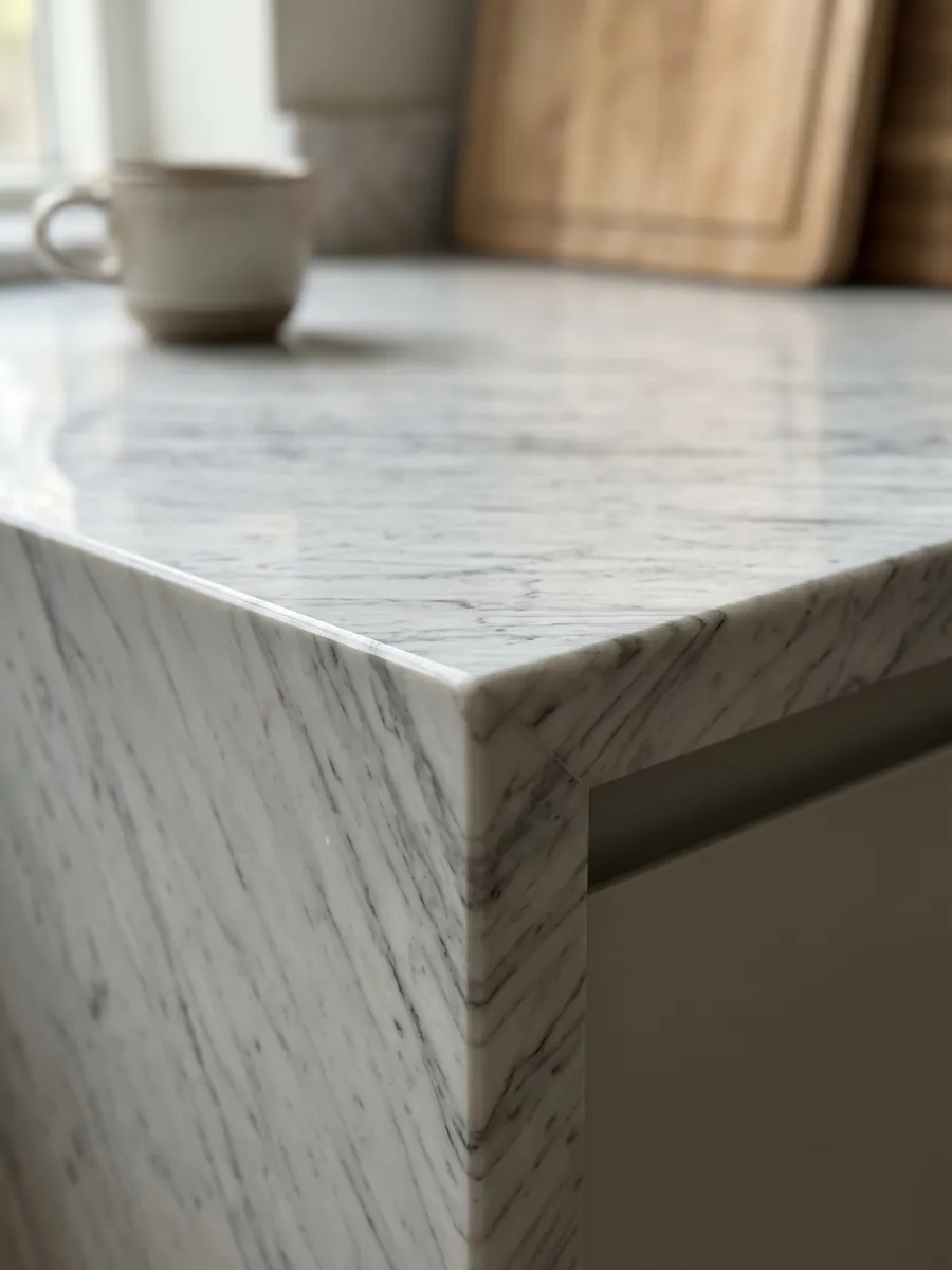 Straight edge of a kitchen countertop in white Carrara marble: grayish white with a fine, diffuse gray pattern spread across the whole surface