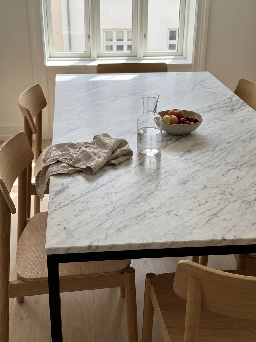 Dining table with a Carrara marble top on a black base, with a water pitcher and a fruit bowl