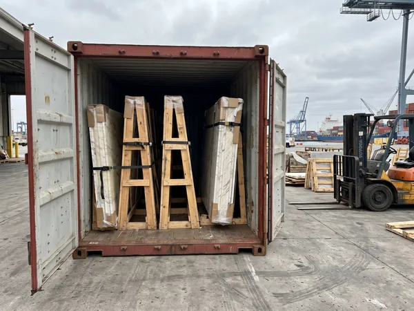 Marble slabs secured inside a shipping container