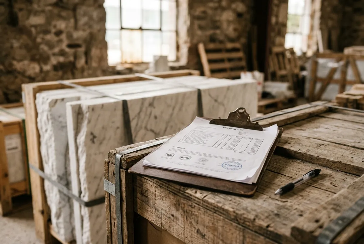 Packing list and certificates on a wooden crate of marble slabs