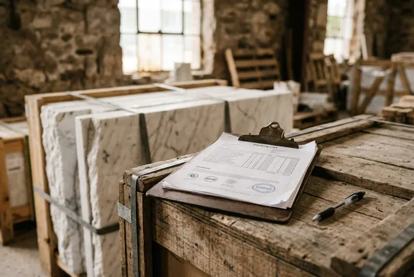 Packing list and certificates on a wooden crate of marble slabs