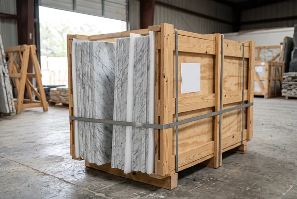 White marble slabs packed upright in a strapped wooden crate