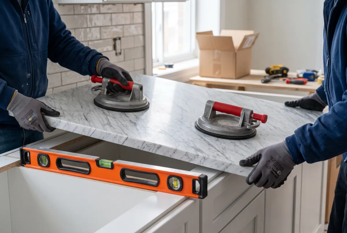 Installers set a marble countertop with suction cups