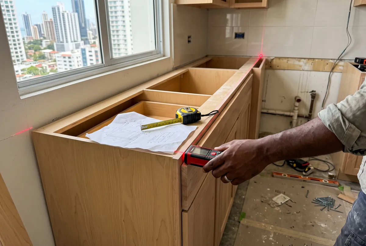 Measuring a kitchen on site with a laser measure in Panama City