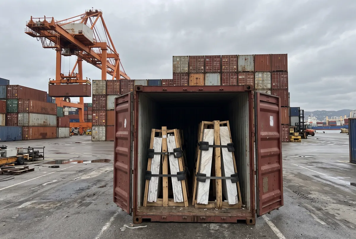 Open shipping container at a port with marble slabs secured in wooden A-frames