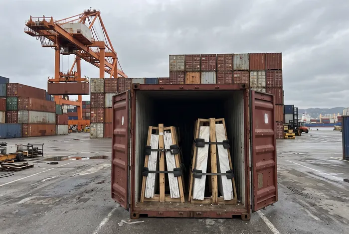 Open shipping container at a port with marble slabs secured in wooden A-frames