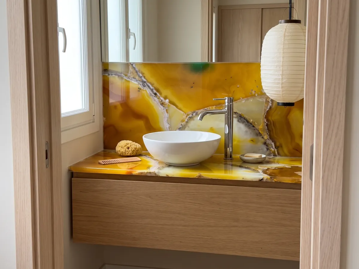 Vanity top and bathroom wall in yellow agate with a white sink and chrome faucets: large slices of intense yellow agate with gray edges; a green spot at the top