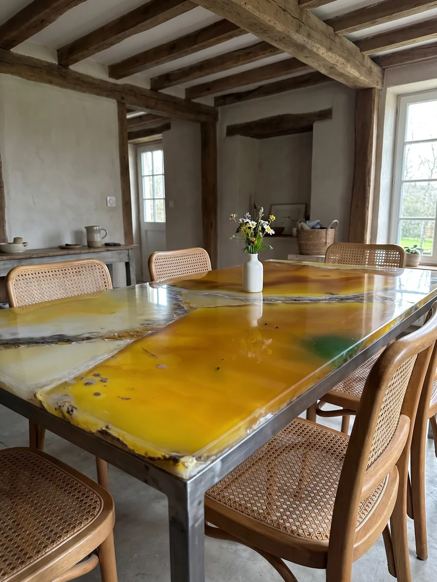 Dining table with a yellow agate top on a steel base: large slices of intense yellow agate with gray edges; a green spot toward the top