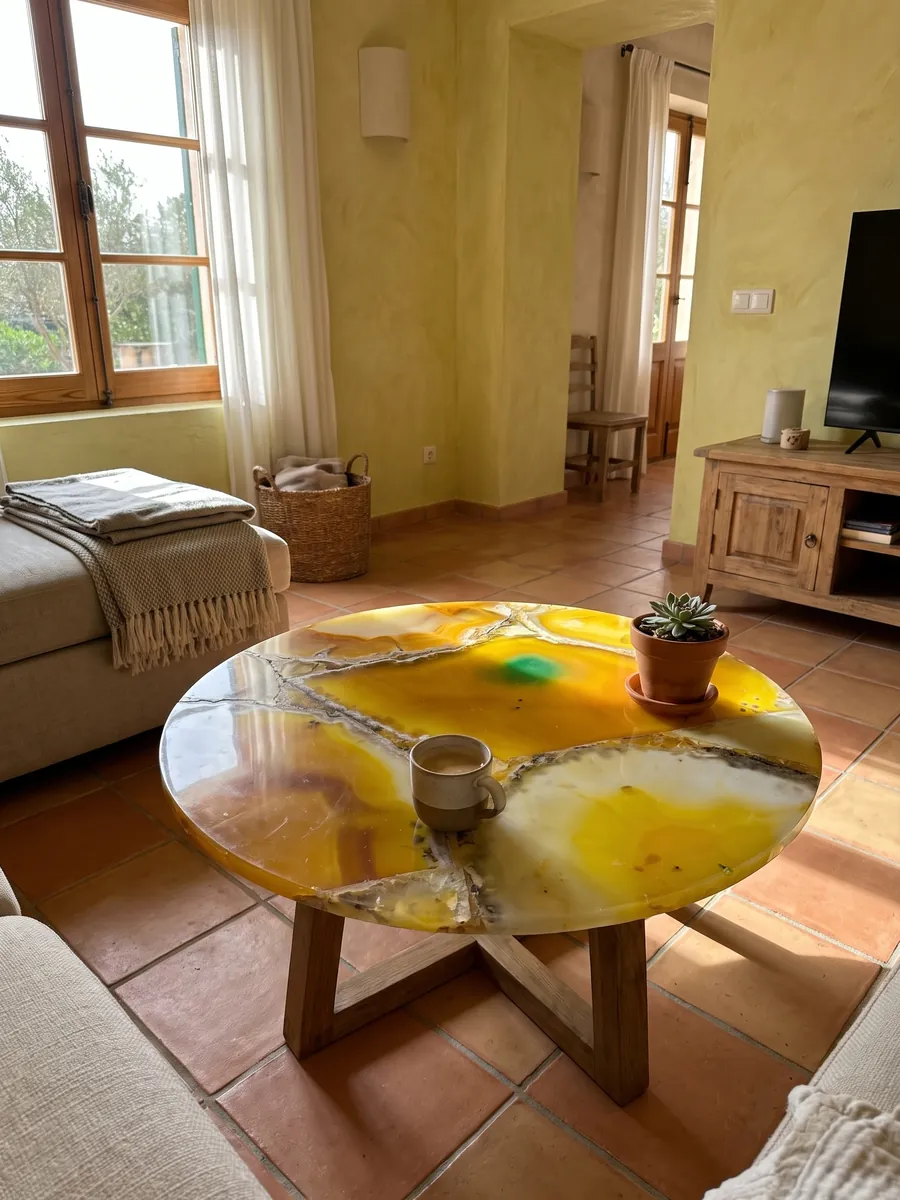 Coffee table with a yellow agate top in a living room: large slices of intense yellow agate with gray edges; a green spot toward the top