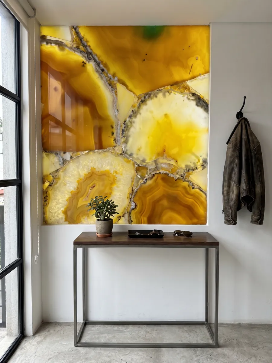 Entryway wall clad in yellow agate with a narrow console table: large slices of intense yellow agate with gray edges; a green spot toward the top