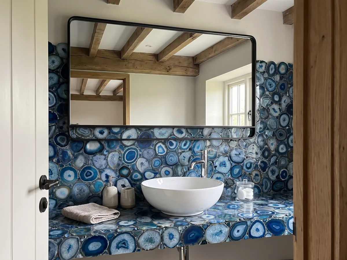 Vanity top and bathroom wall in blue agate with a white sink and chrome faucets: a mosaic of blue agate slices with concentric rings and white centers