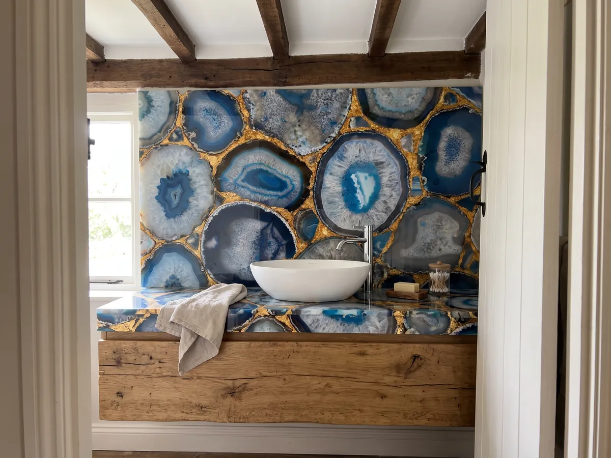 Vanity top and bathroom wall in blue agate with gold leaf, white sink and chrome faucets: large slices of blue agate joined by gold joints