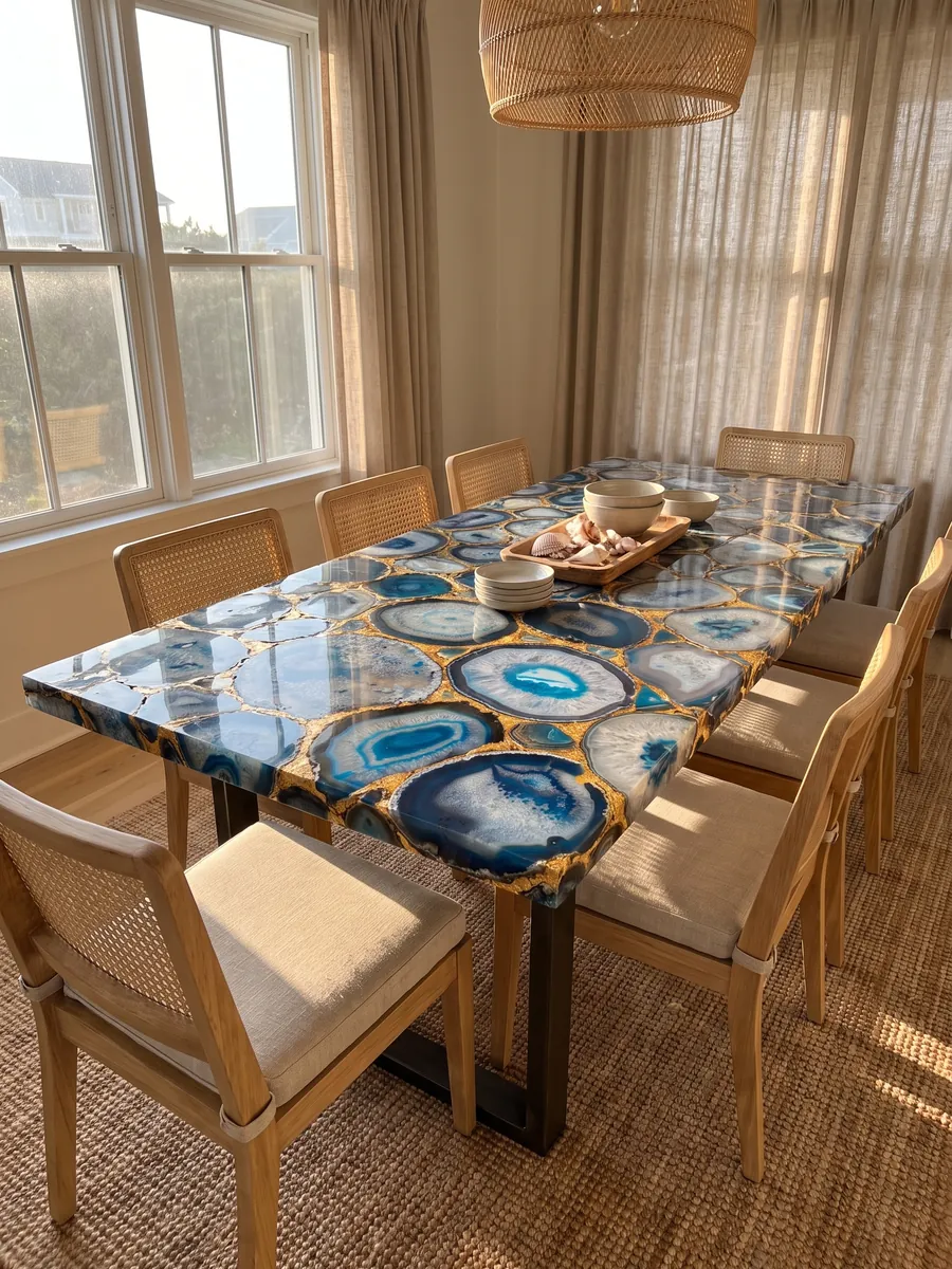 Dining table with a blue agate with gold leaf top on a steel base: large blue agate slices joined by gold joints