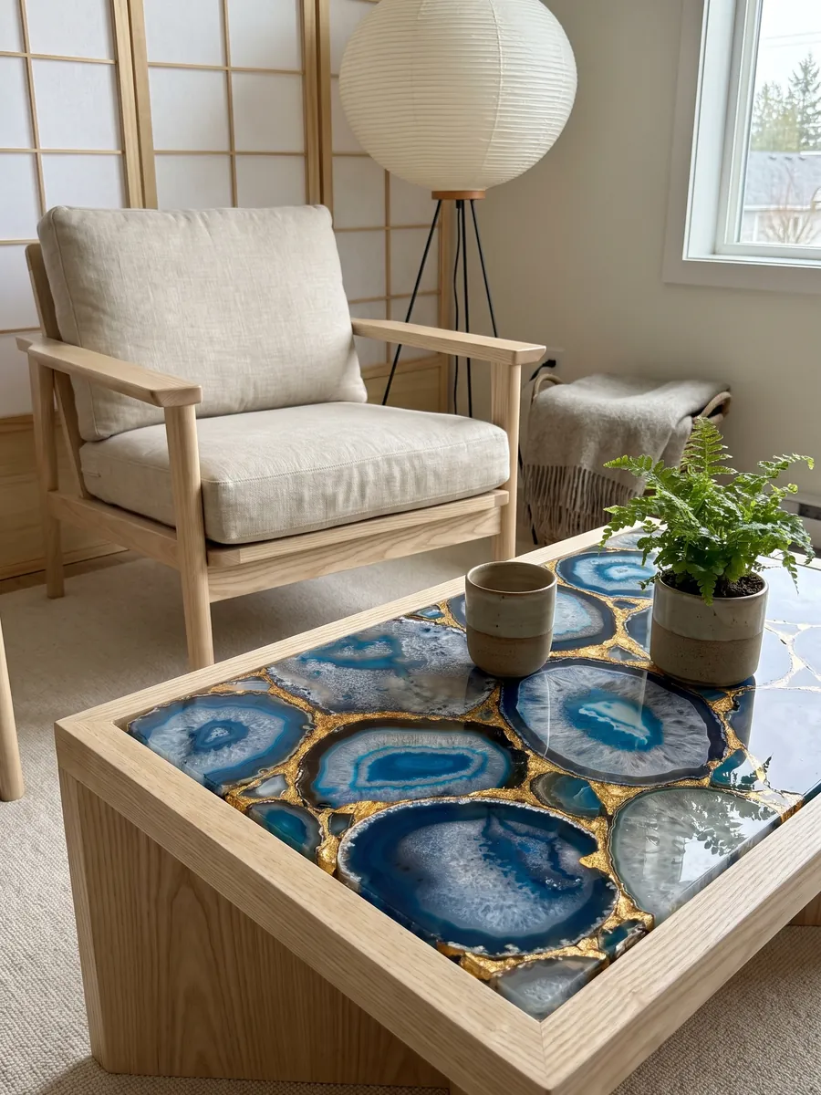 Coffee table with a blue agate with gold leaf top in a living room: large blue agate slices joined by gold joints