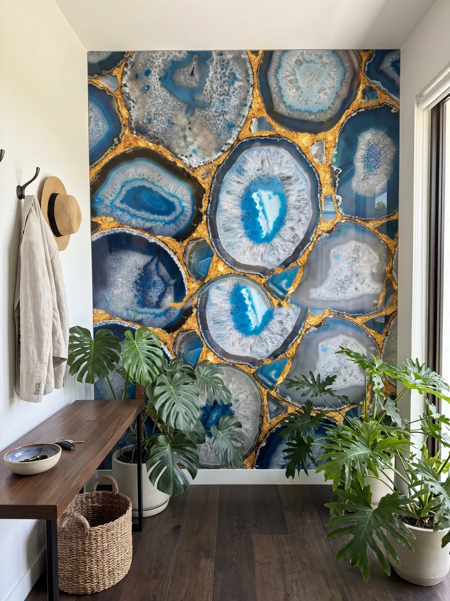 Entryway wall clad in blue agate with gold leaf with a narrow console: large blue agate slices joined by gold joints