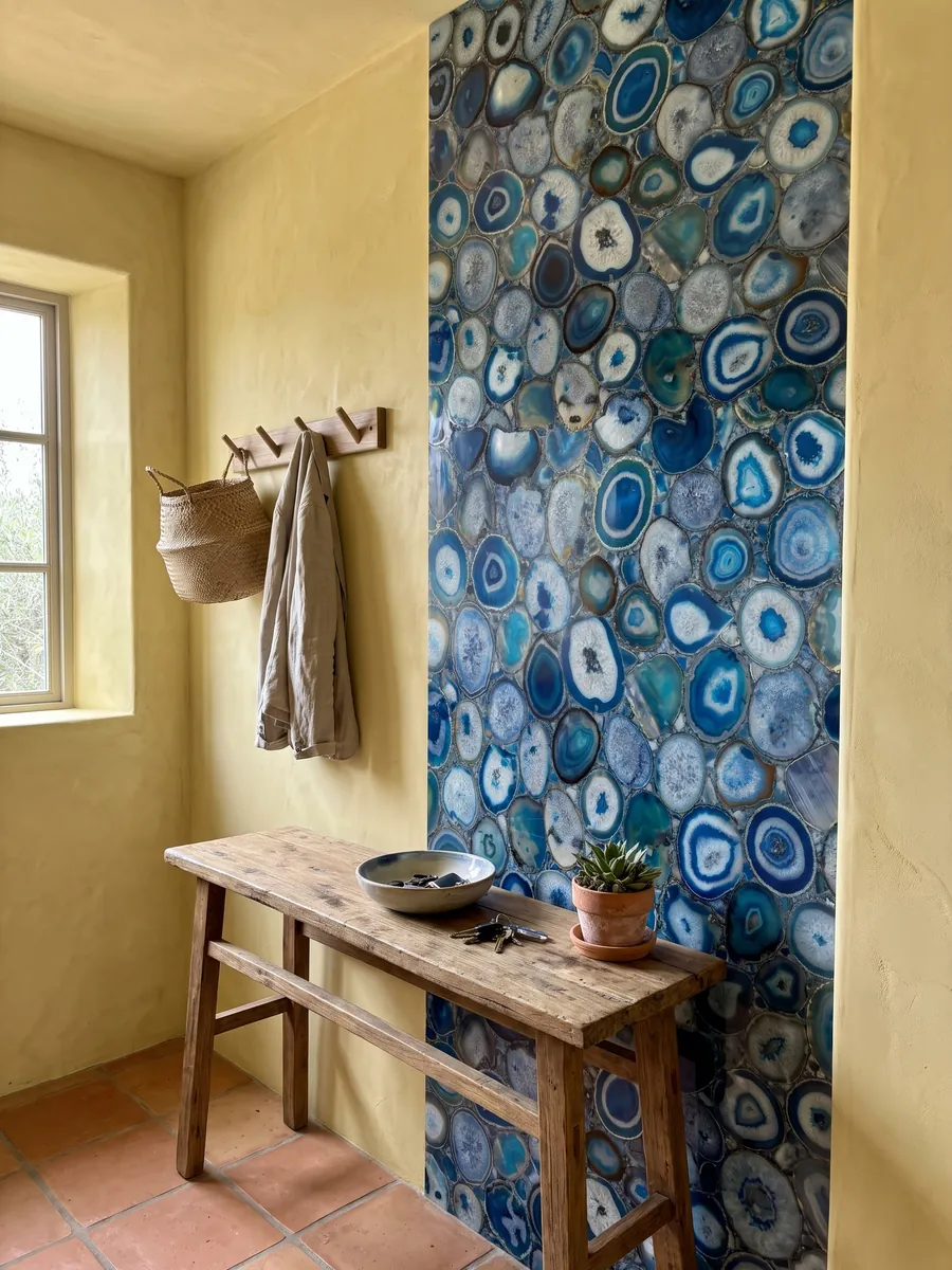 Entryway wall clad in blue agate with a narrow console table: a mosaic of blue agate slices with concentric rings and white centers