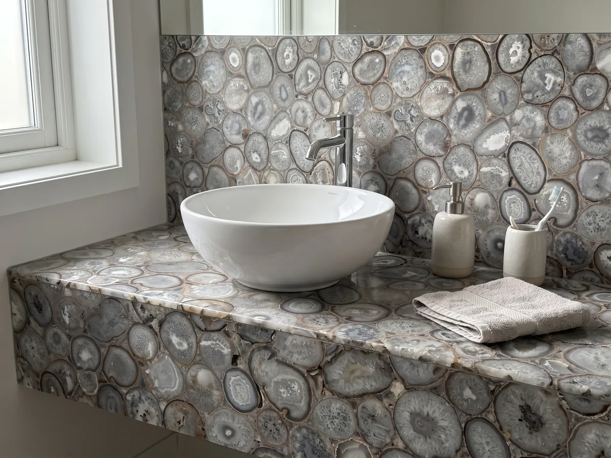 Vanity top and bathroom wall in crystal agate with a white sink and chrome faucet: a mosaic of gray and white agate slices with a crystalline look