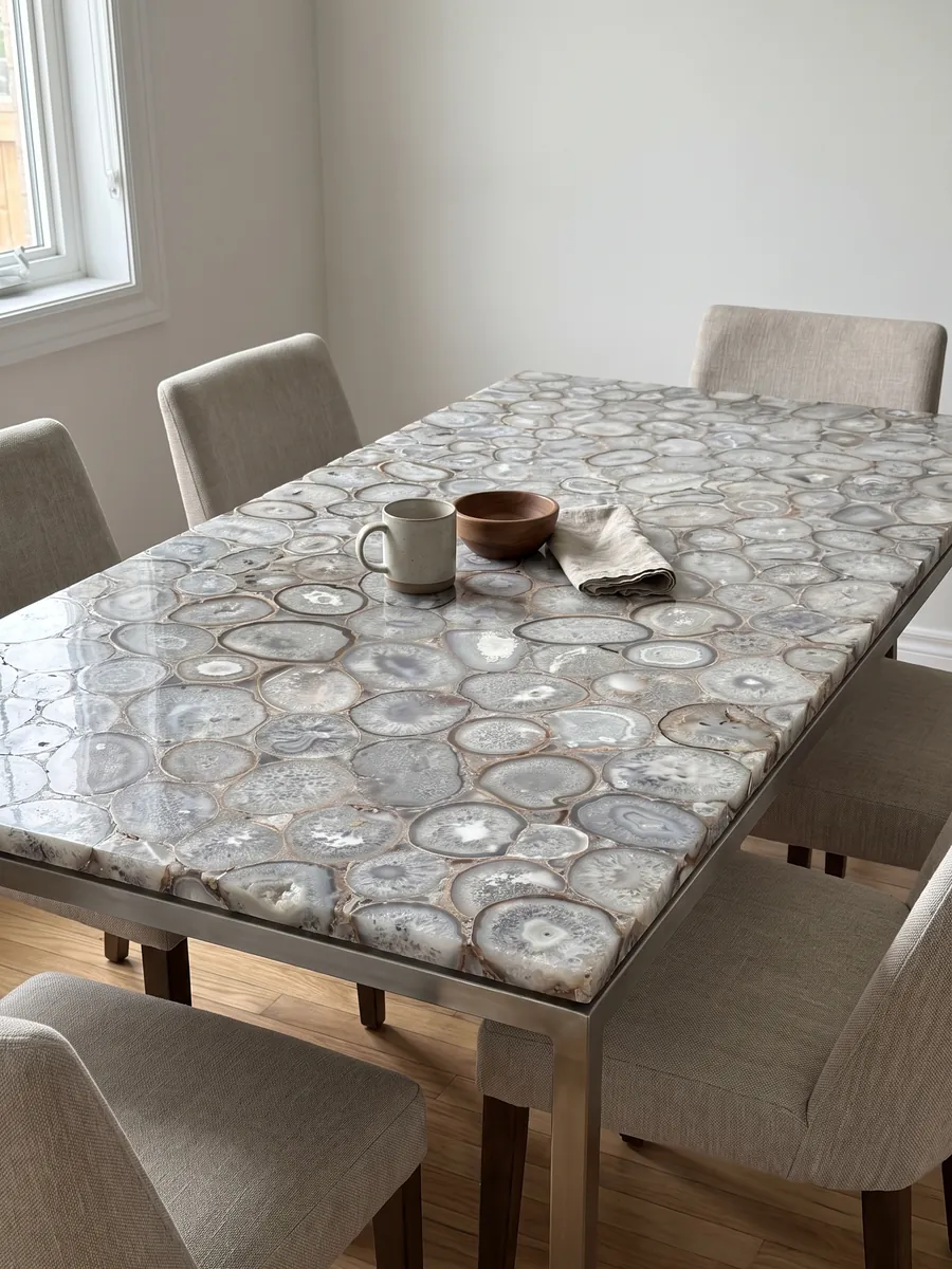 Dining table with a crystal agate top on a steel base: a mosaic of gray and white agate slices with a crystalline look