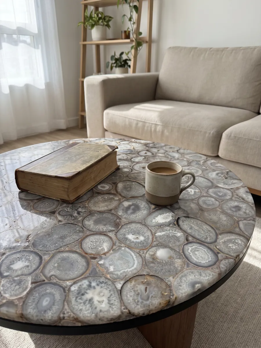 Coffee table with a crystal agate top in a living room: a mosaic of gray and white agate slices with a crystalline look