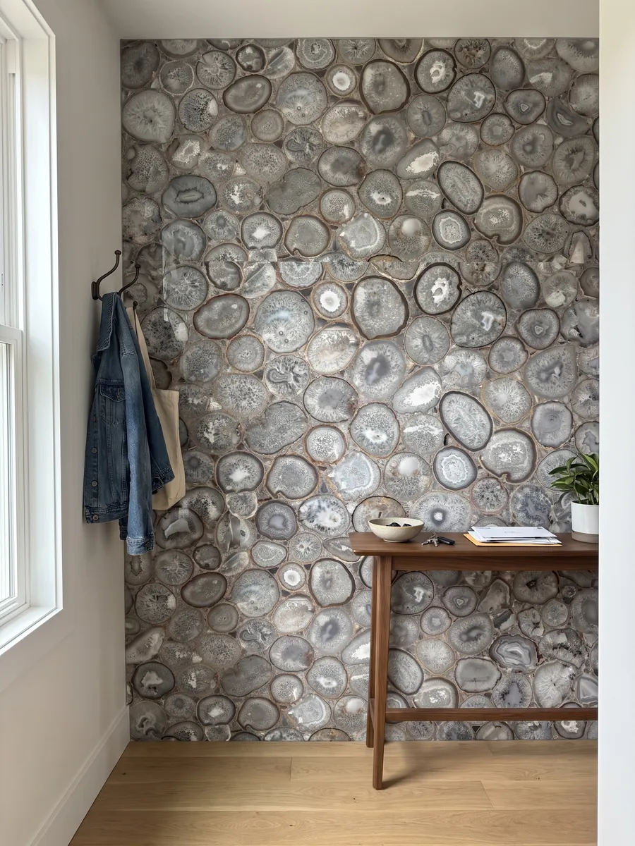 Entryway wall clad in crystal agate with a narrow console: a mosaic of gray and white agate slices with a crystalline look