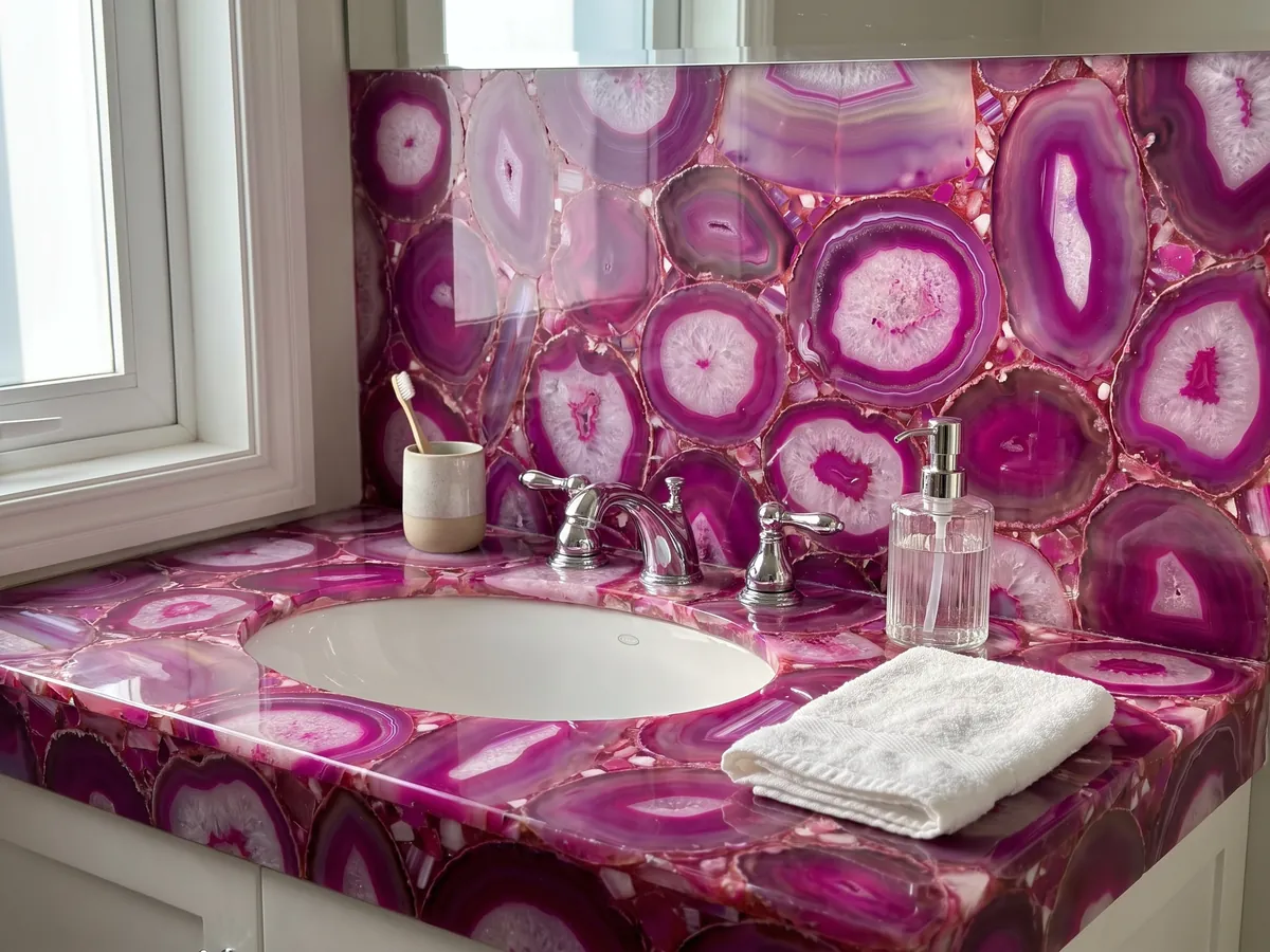 Vanity top and bathroom wall in fuchsia agate with a white sink and chrome faucet: large slices of intense fuchsia agate with concentric bands and white centers