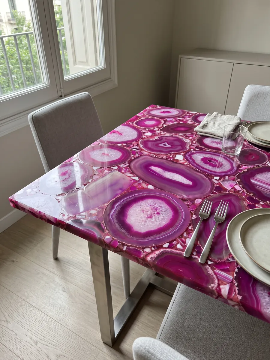 Dining table with a fuchsia agate top on a steel base: large slices of intense fuchsia agate with concentric bands and white centers