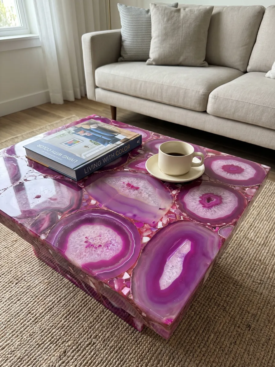 Coffee table with a fuchsia agate top in a living room: large slices of intense fuchsia agate with concentric bands and white centers