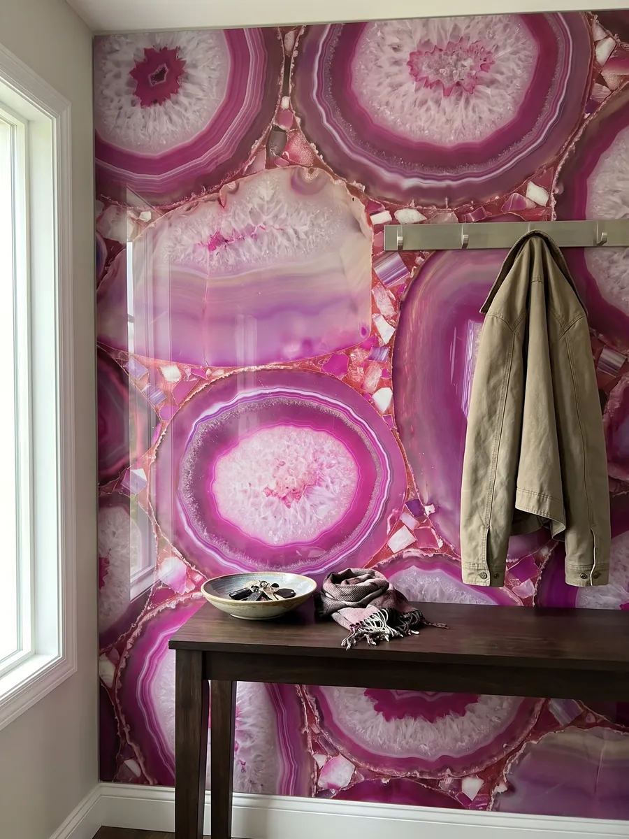 Entryway wall clad in fuchsia agate with a narrow console: large slices of intense fuchsia agate with concentric bands and white centers