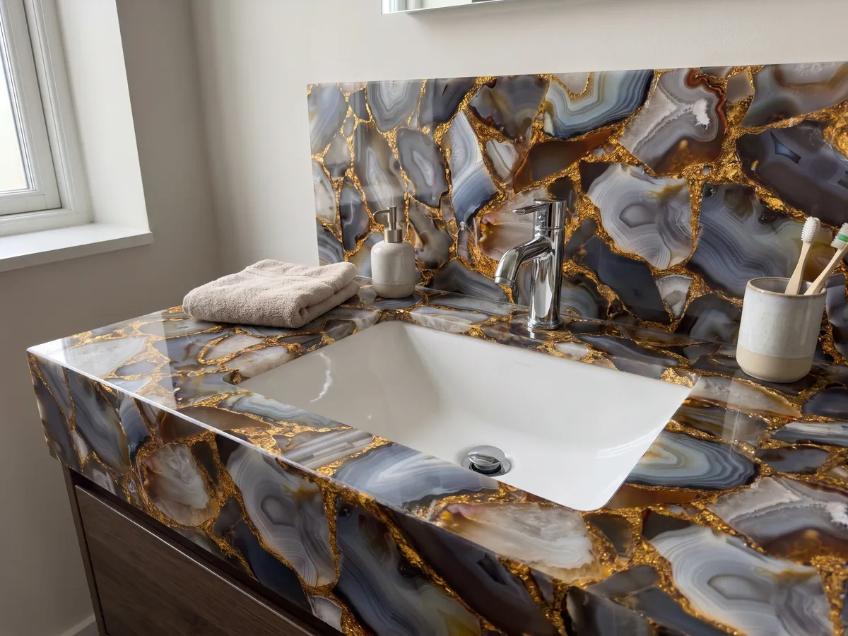 Vanity top and bathroom wall in Gray Agate with Gold Leaf with a white sink and chrome faucets: pieces of gray, brown and orange agate joined by gold joints