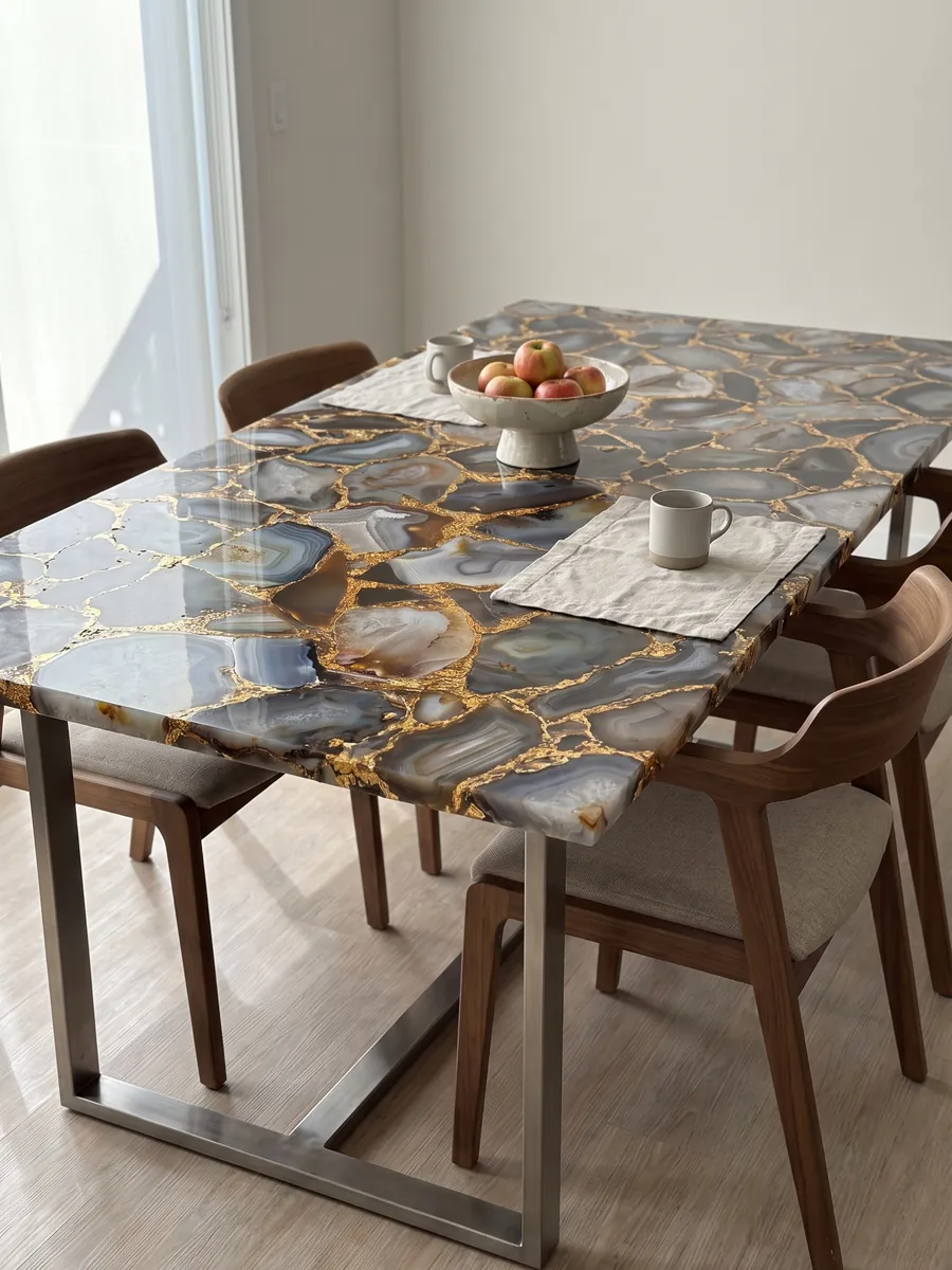 Dining table with a Gray Agate with Gold Leaf top on a steel base: pieces of gray, brown and orange agate joined by gold joints
