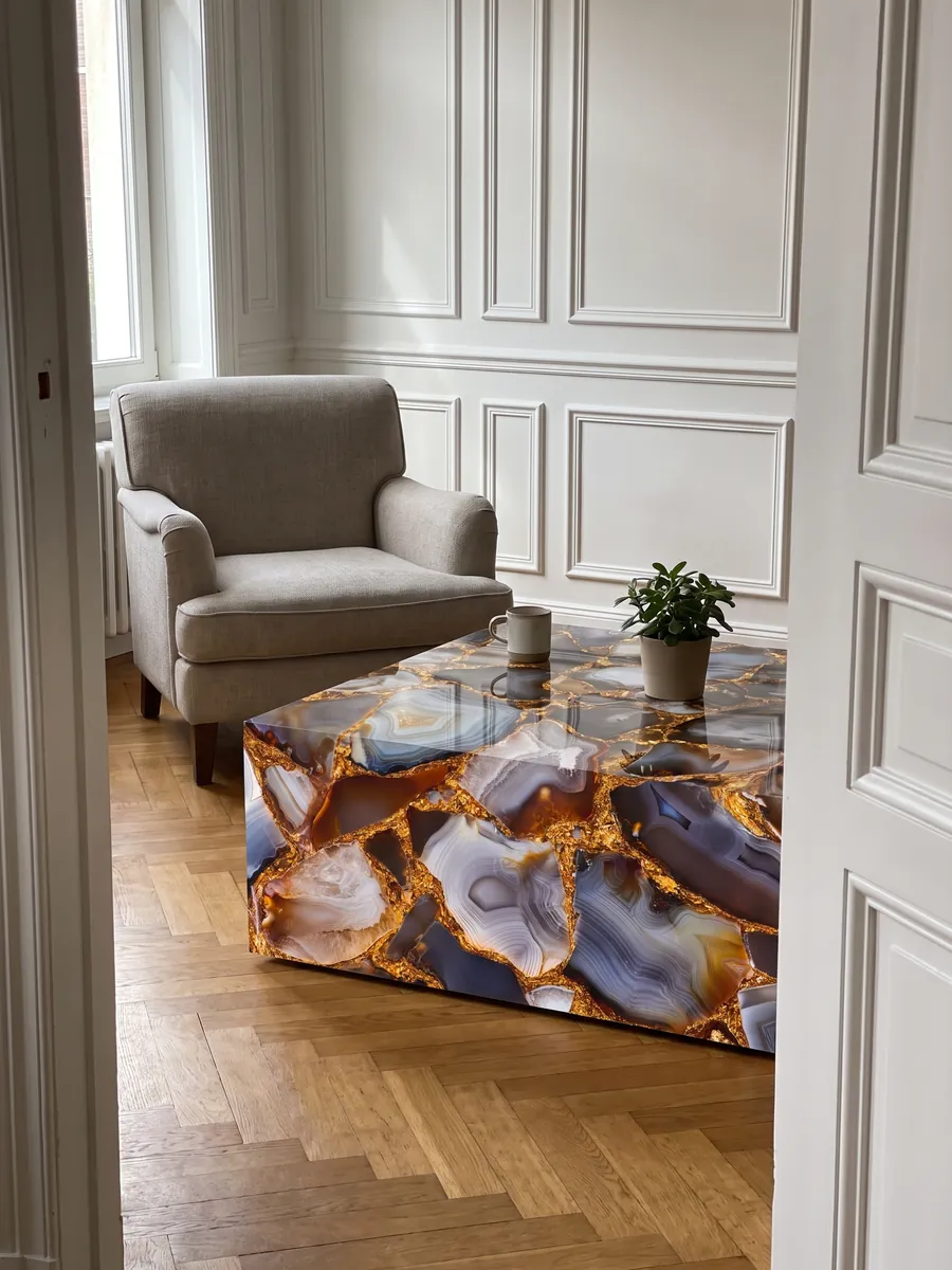 Coffee table with a Gray Agate with Gold Leaf top in a living room: pieces of gray, brown and orange agate joined by gold joints