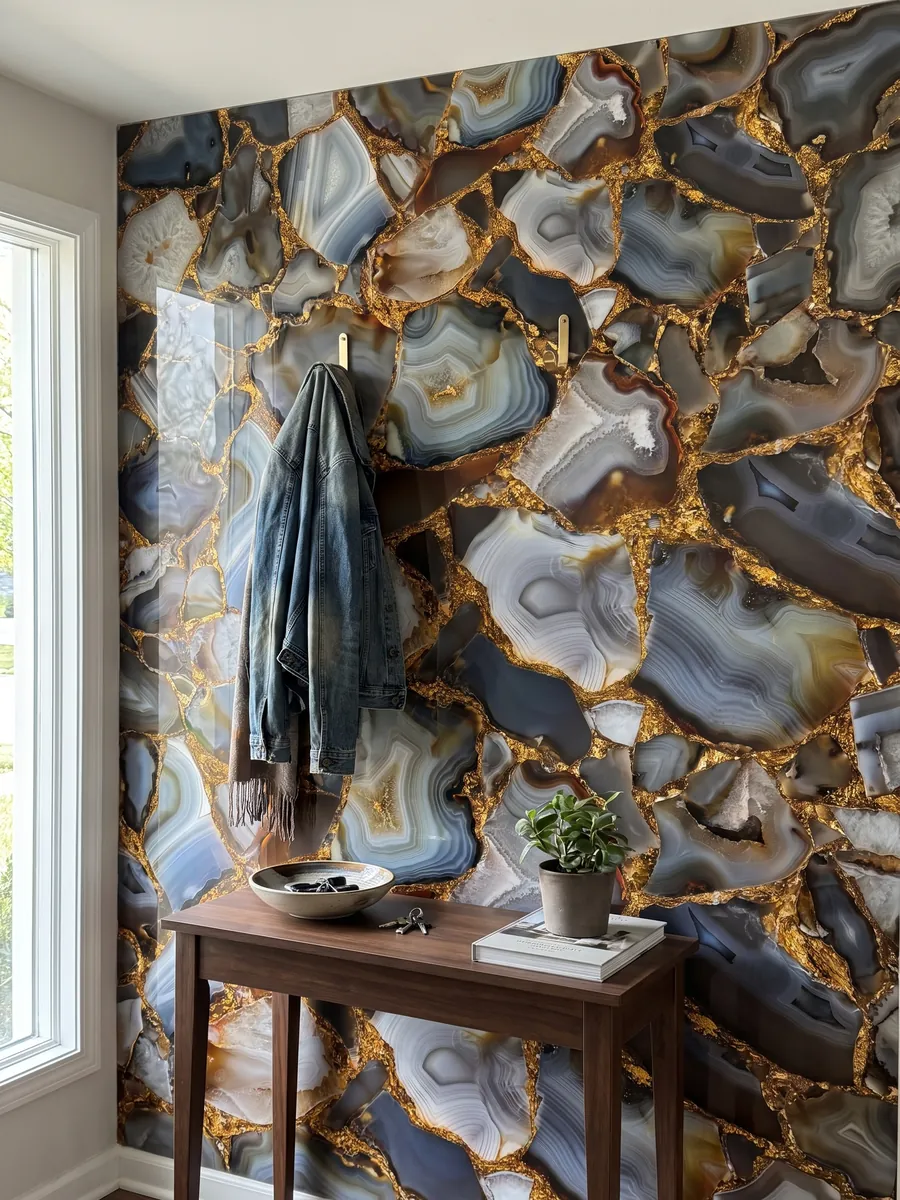 Entryway wall clad in Gray Agate with Gold Leaf with a narrow console: pieces of gray, brown and orange agate joined by gold joints