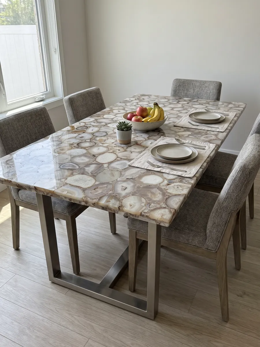 Dining table with a Gray Agate top on a steel base: slices of beige and white gray agate, neutral tones