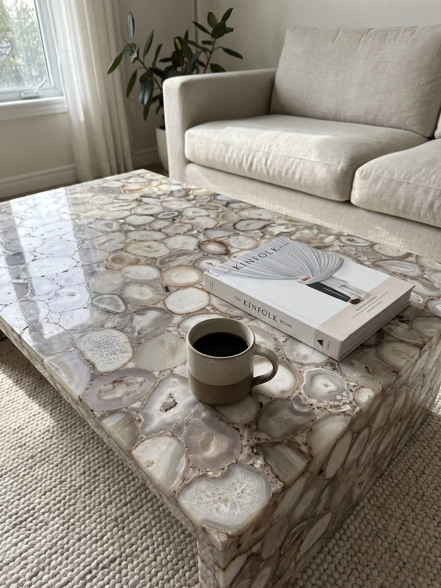 Coffee table with a Gray Agate top in a living room: slices of beige and white gray agate, neutral tones