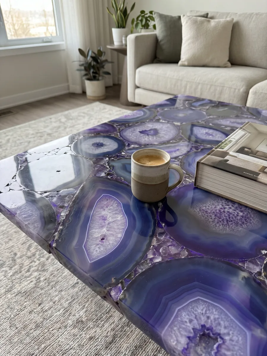 Coffee table with a Purple Agate top in a living room: large slices of blue-violet agate with crystalline lilac centers