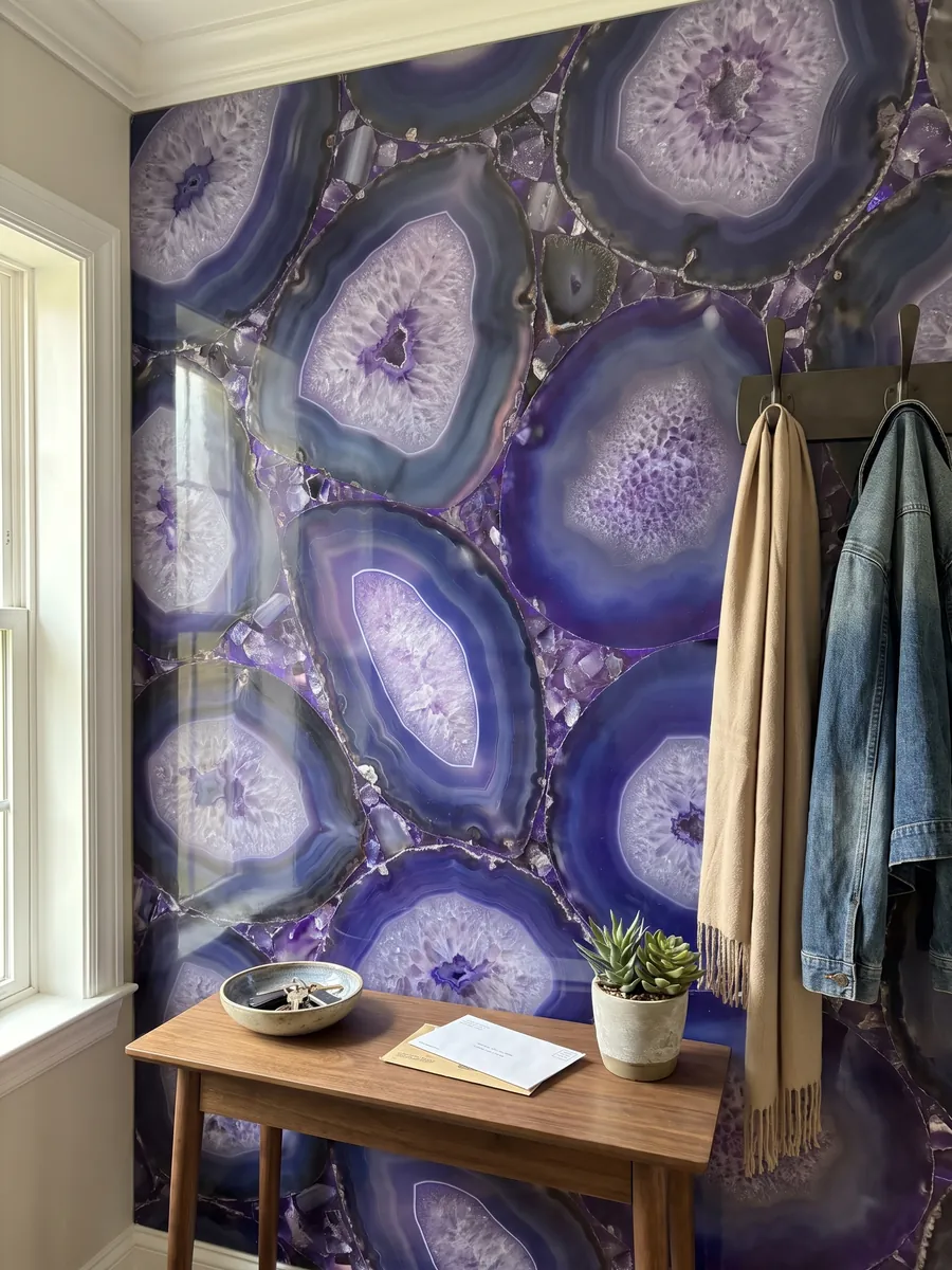 Entryway wall clad in Purple Agate with a narrow console: large slices of blue-violet agate with crystalline lilac centers