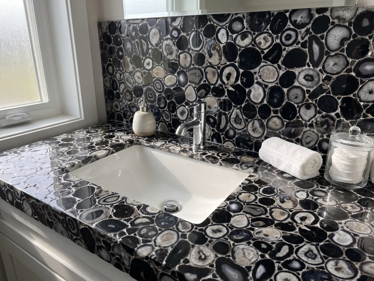 Black agate with silver leaf vanity top and bathroom wall with a white sink and chrome faucets: black and gray agate slices joined by silver-colored joints