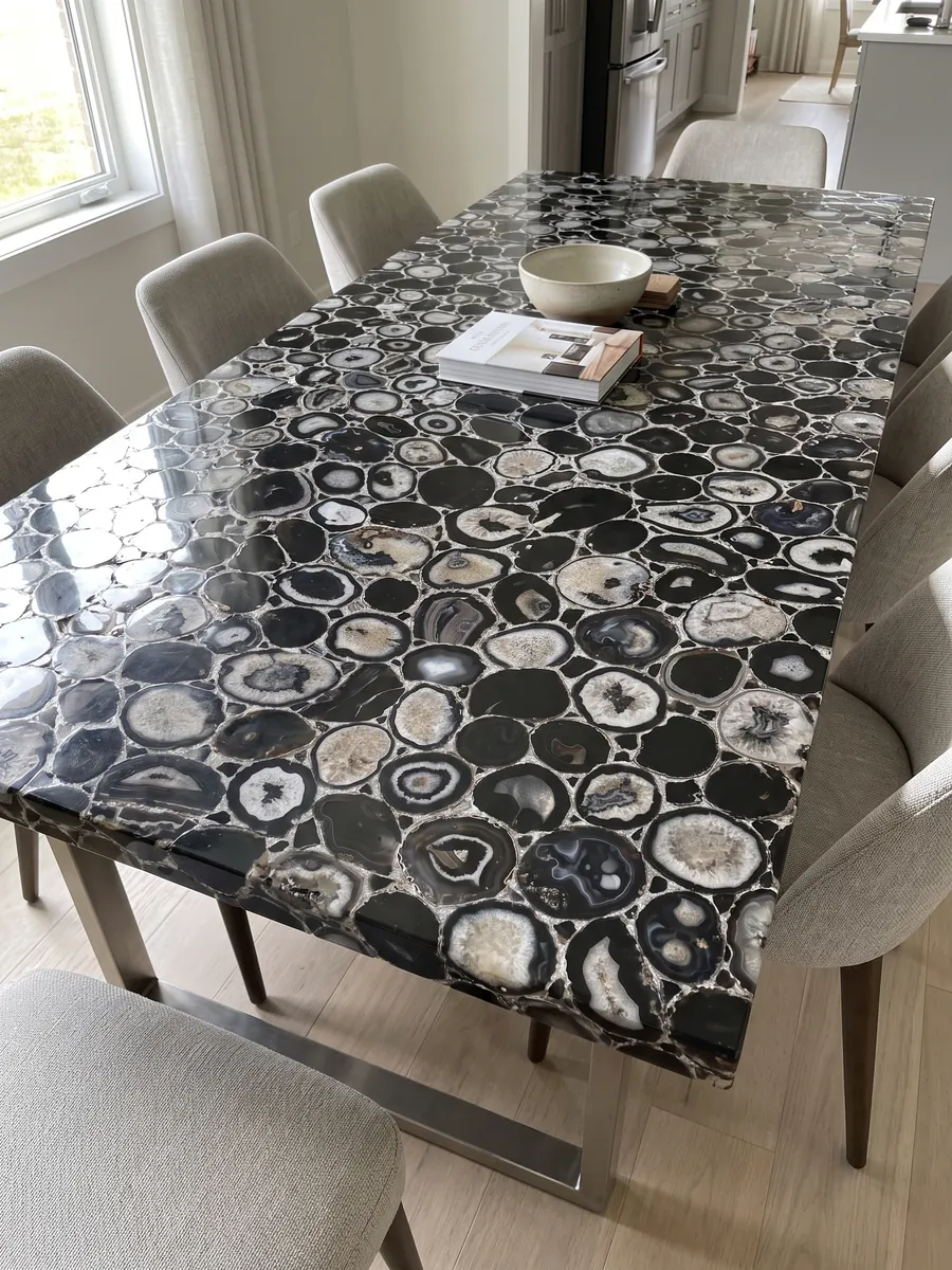 Dining table with a black agate with silver leaf top on a steel base: black and gray agate slices joined by silver-colored joints