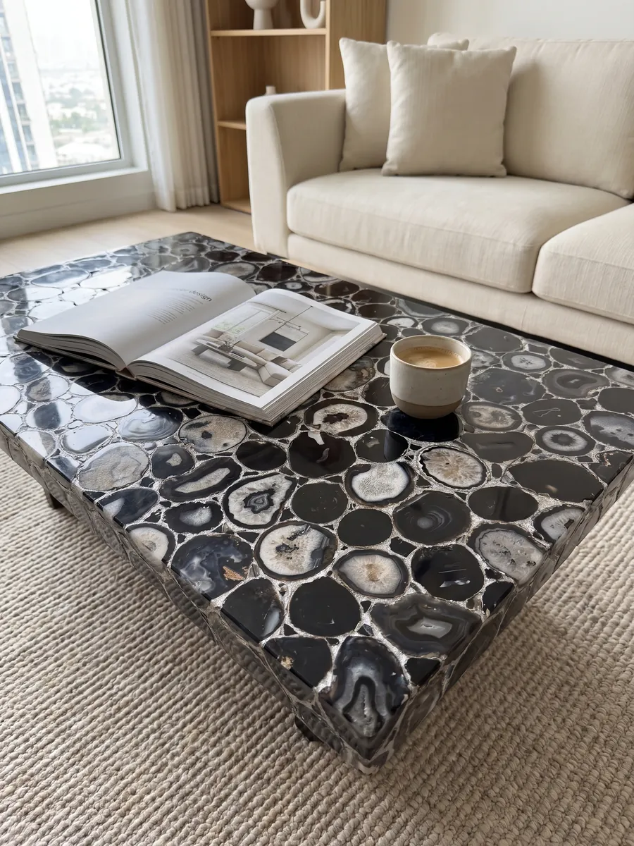Coffee table with a black agate with silver leaf top in a living room: black and gray agate slices joined by silver-colored joints