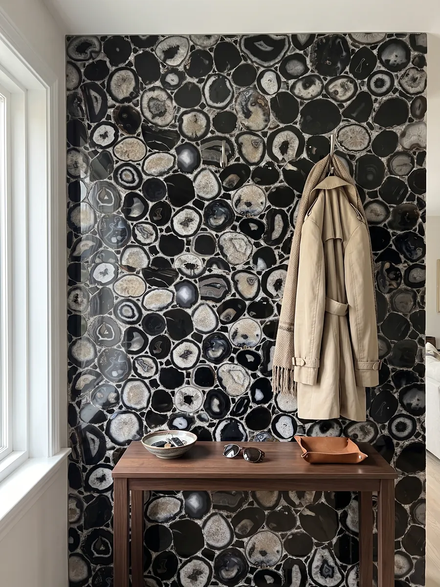 Entryway wall clad in black agate with silver leaf with a narrow console: black and gray agate slices joined by silver-colored joints