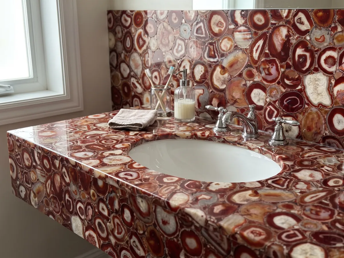 Red agate vanity top and bathroom wall with a white sink and chrome faucets: a mosaic of red slices with rings and cream centers