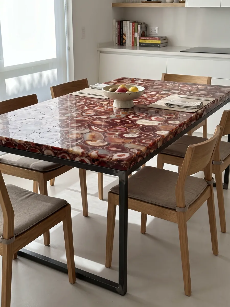 Dining table with a red agate top on a steel base: a mosaic of red slices with rings and cream centers