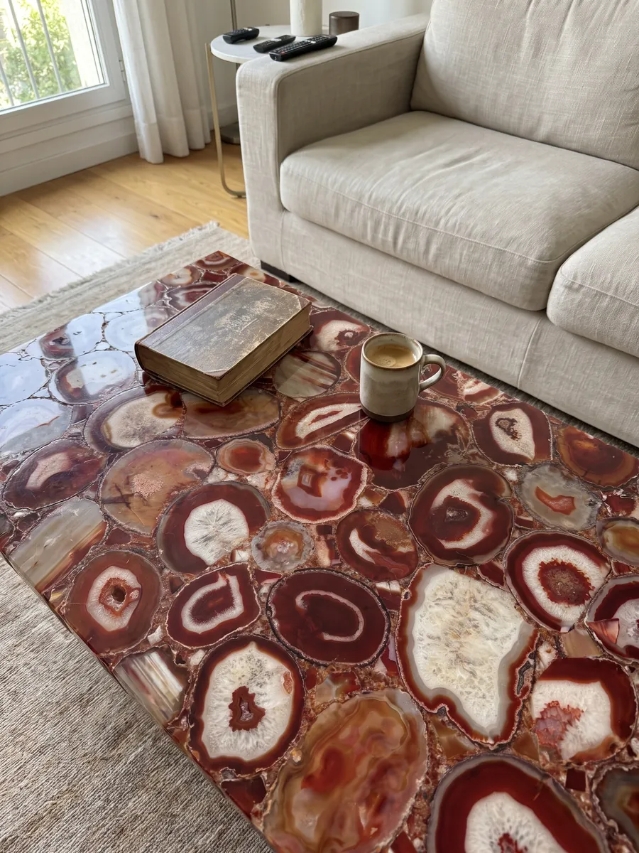 Coffee table with a red agate top in a living room: a mosaic of red slices with rings and cream centers