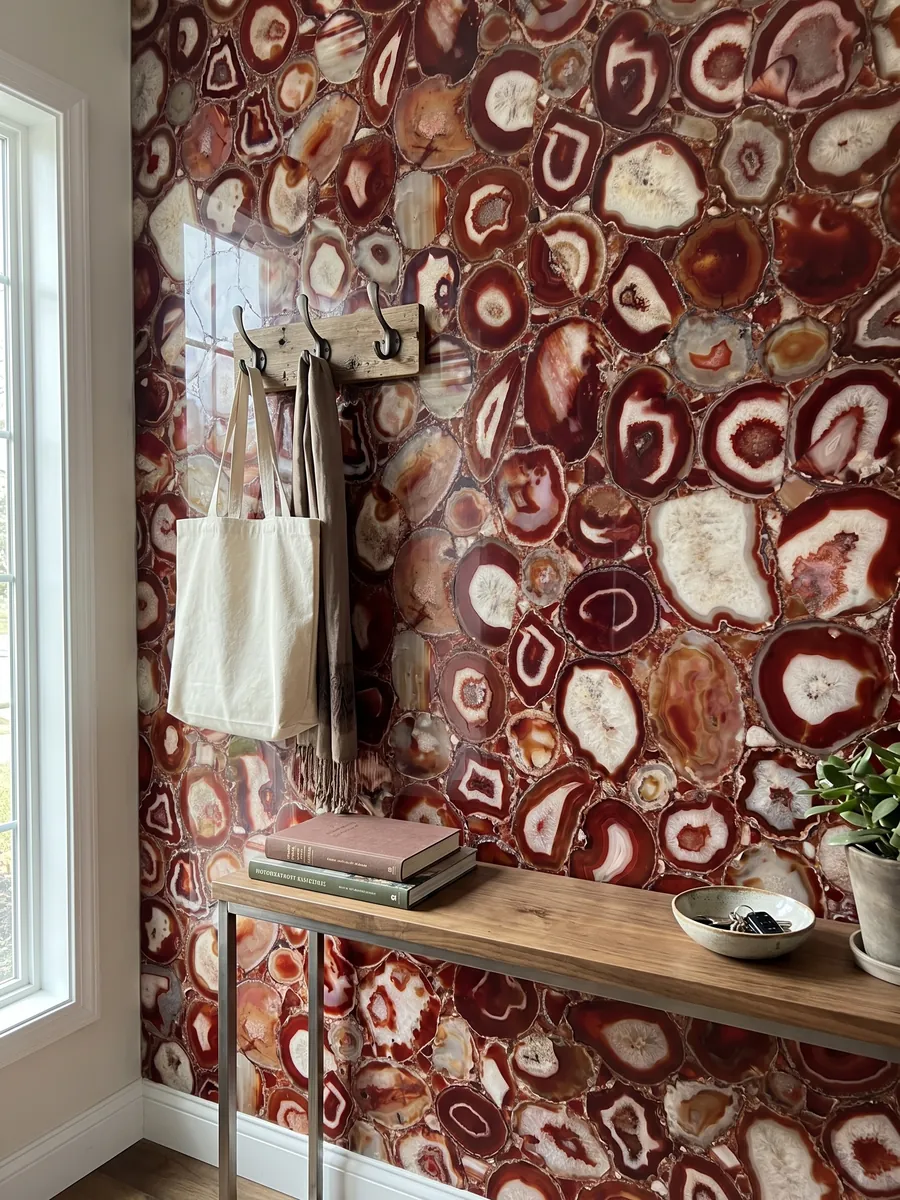 Entryway wall clad in red agate with a narrow console: a mosaic of red slices with rings and cream centers