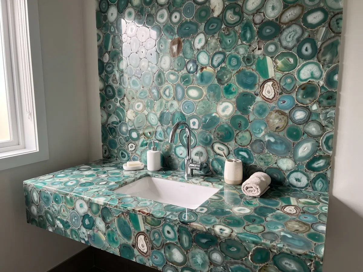 Green agate vanity top and bathroom wall with a white sink and chrome faucets: a mosaic of blue-green agate slices with rings and light centers