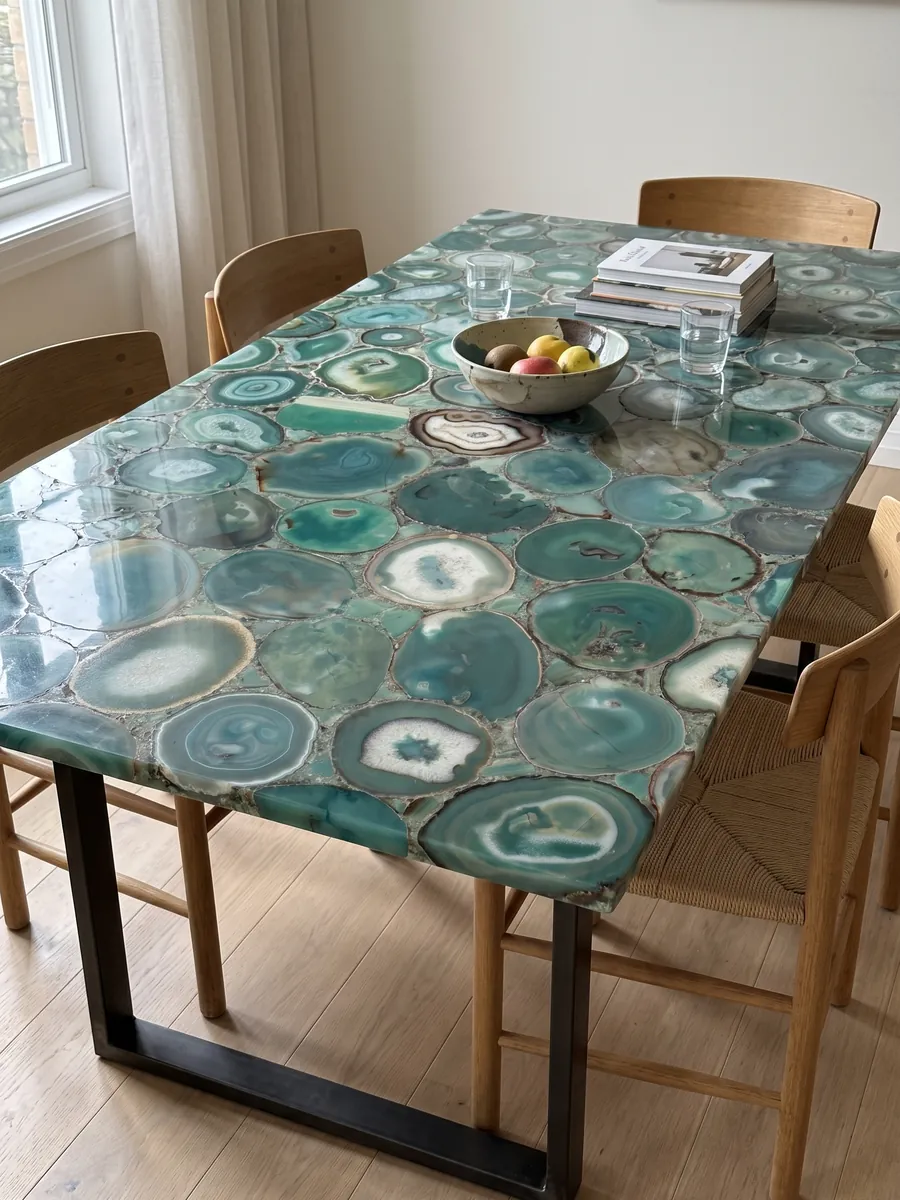 Dining table with a green agate top on a steel base: a mosaic of blue-green agate slices with rings and light centers