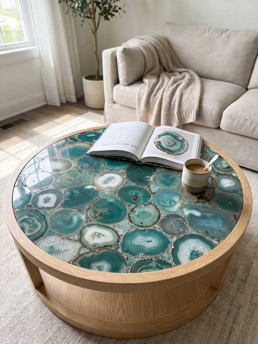 Coffee table with a green agate top in a living room: a mosaic of blue-green agate slices with rings and light centers