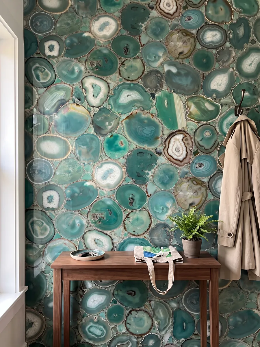 Entryway wall clad in green agate with a narrow console: a mosaic of blue-green agate slices with rings and light centers