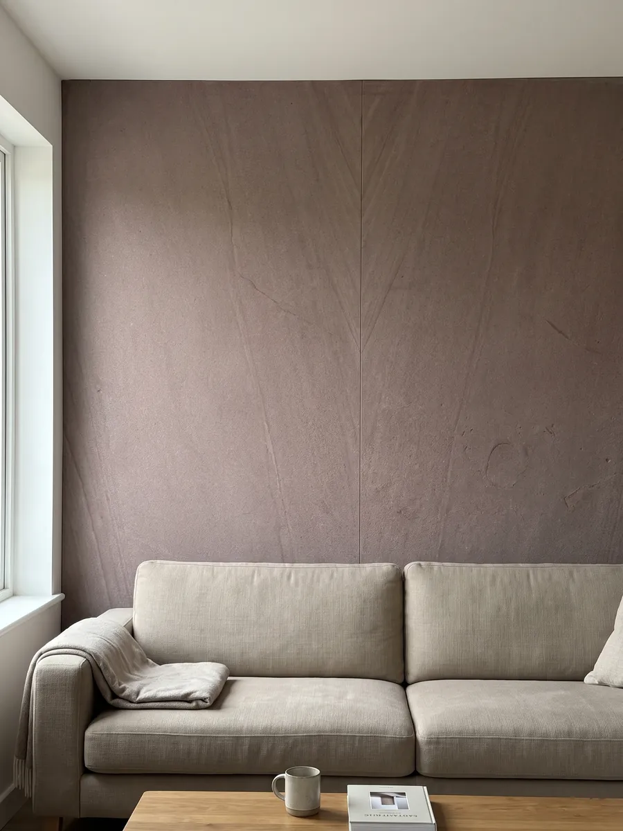 Living room wall clad in bookmatched Santafiora Brown sandstone slabs behind a sofa: an almost uniform mauve, fine-grained surface with no marked veins